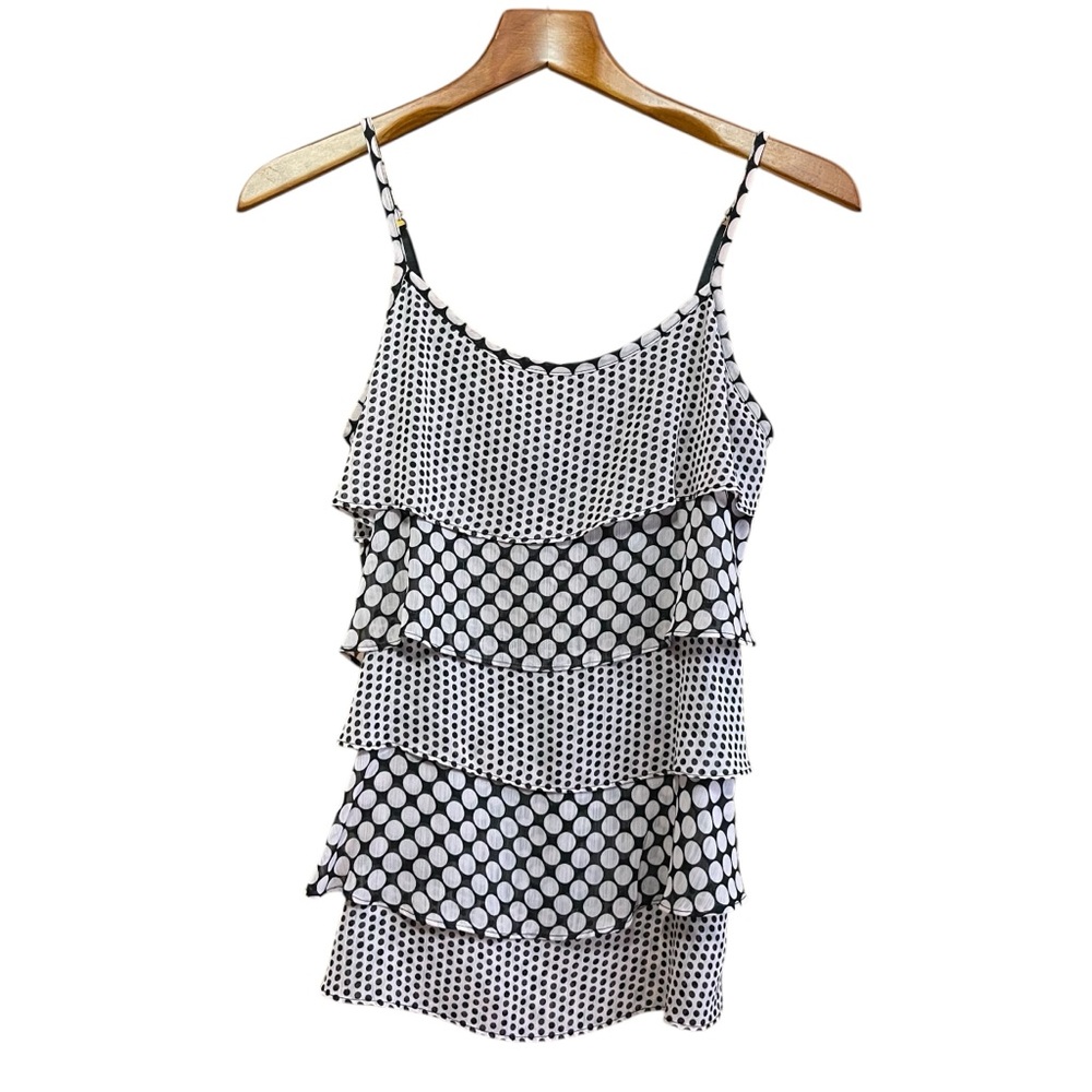 New York & Company Sheer Tiered Polka Dot Babydoll Cami Tank Top Pink Black XS* - Picture 3 of 6